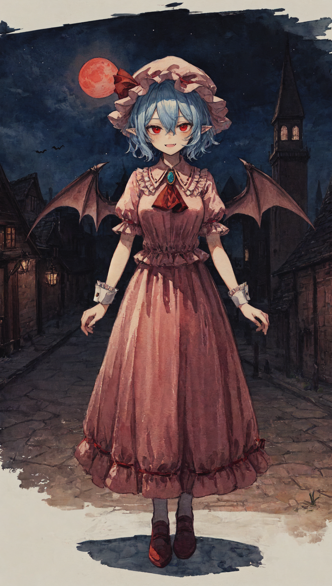 1girl, bloodborne, from software, remilia scarlet, against wall, red ribbon, jewelry, hair between eyes, puffy short sleev...